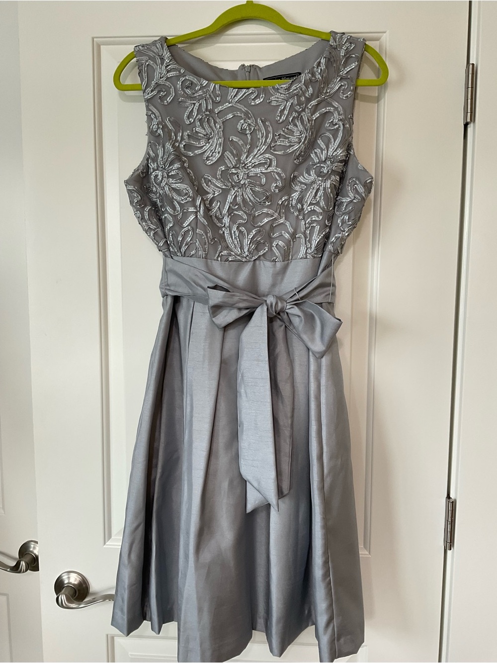 Jessica Howard Silver Embroidered Bodice Dress with Waist Bow
